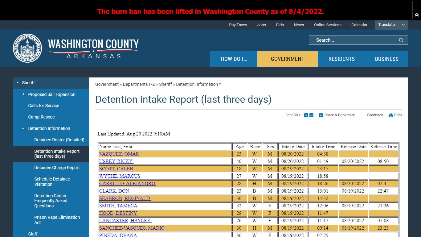 Detention Intake Report (last three days) | Washington County, AR